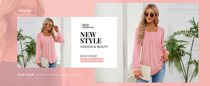Women's Puff Long Sleeve Tops Dressy Casual Square Neck Pleated Work Blouse Fall Trendy Tunic Flowy Chiffon Shirts Multiple Color Stand Collar