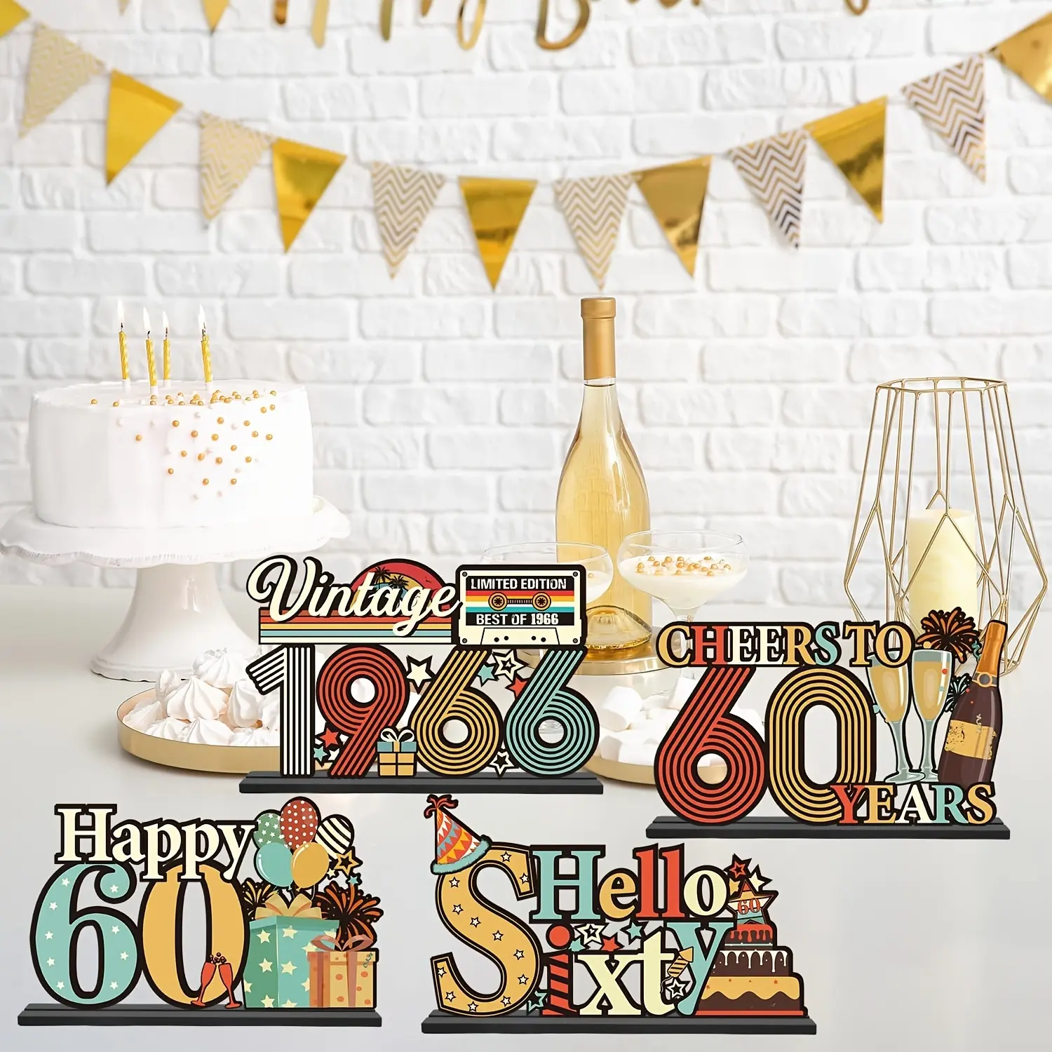 2D Flat, 60th Birthday Decorations for Men and Women - Colorful Vintage 1976 60th Birthday Wooden Centerpiece Table Decor, Table Decor Signs Party Supplies Celebration for 50th Birthday (Available for 50th/60th/70th Birthdays)