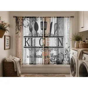 [Vintage Kitchen Curtains] 2pcs Vintage Polyester Kitchen Curtains - "Kitchen is the Heart of the Home" Design with Cutlery & Floral Patterns, Semi-Transparent Fabric for Kitchen, Bedroom, Living Room Decor |   Kitchen Window Curtains