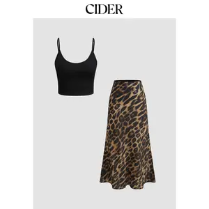 Cider Scoop Neckline Crop Cami Top With High Rise Leopard Maxi Skirt