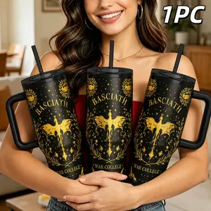 40oz Basgiath War College Dragon Tumbler, Fantasy Dragon Rider Insulated Mug, Gold Stainless Steel, Leakproof Thermal Coffee Cup