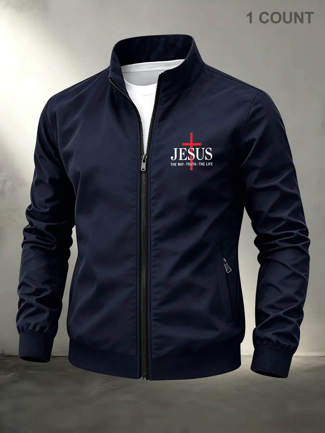 Men's Stand Collar Full-Zip Lightweight Jacket, Casual Coat With Ribbed Cuffs & Hem, Chest Cross & Jesus Text Print, Faith-Themed Christian Outerwear, Ideal For Men's Church Services, Daily & Outdoor Outfits