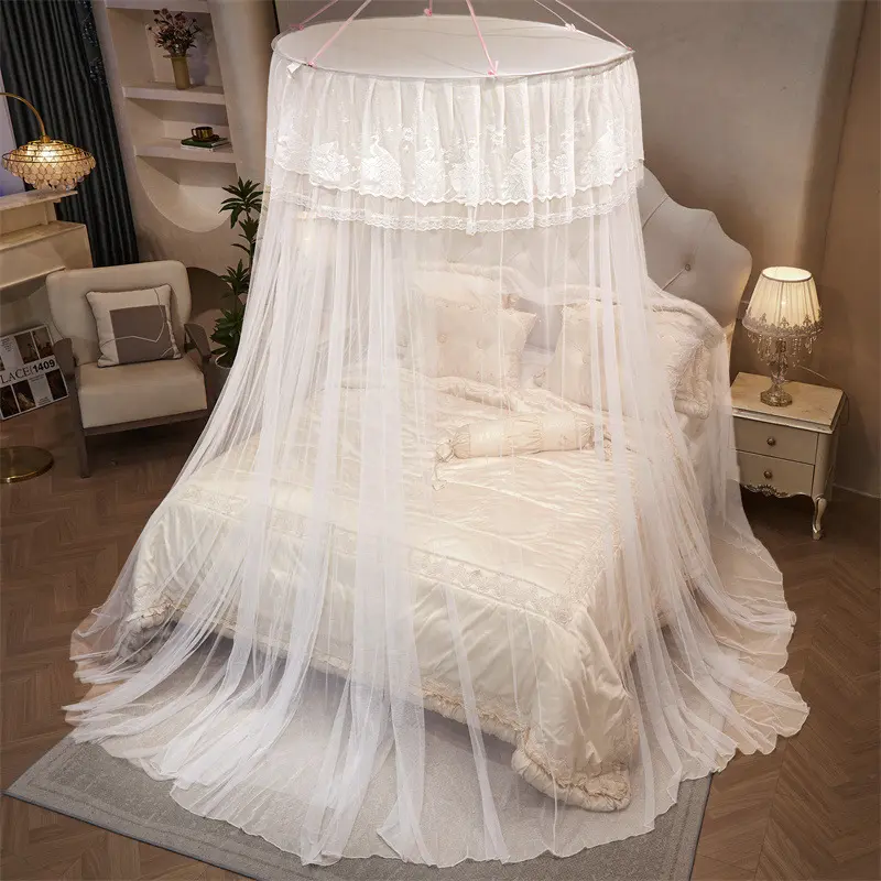 No Assembly Round Ceiling Mount Mosquito Net, Princess Style Hanging Bed Canopy With Lace Trim, Single Opening Floor Length Mesh Curtain, Decorative Bedroom Mosquito Tent For Home Use