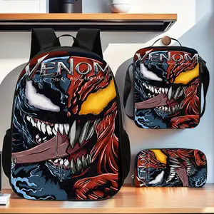 Venom 3pcs Cartoon Pattern Backpack Set for Students, Lightweight & Foldable with Adjustable Straps, Includes Large Capacity Casual Double Shoulder Backpack, Pencil Bag and Crossbody bagfor, Birthday Gift