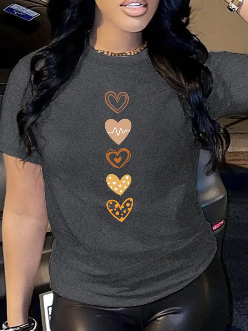 Women's Heart Print Round Neck Graphic Tee, Vintage Trendy Casual Drop Shoulder Short Sleeve T-shirt for Daily Wear, Ladies All Seasons Outfit