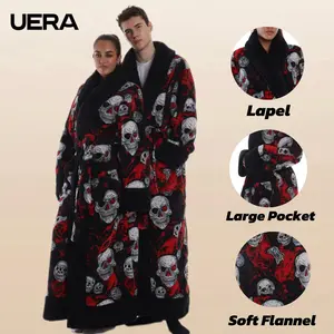 Valentine's Day Bestseller, 1pc Skull Elegant Thick Full Print Coral Fleece Robe, Long Warm Bathrobe, Pockets, Belt, Hooded, Unisex, Loungewear