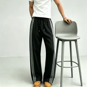 Men's Side Stripe Straight Track Pants - Black, Gray, Elastic Drawstring Waist, Lightweight Quick-Dry Activewear, Oversized Relaxed Fit Sportswear for Teen Boys Daily Sports, Walking, Sneaker Pairing Outfits