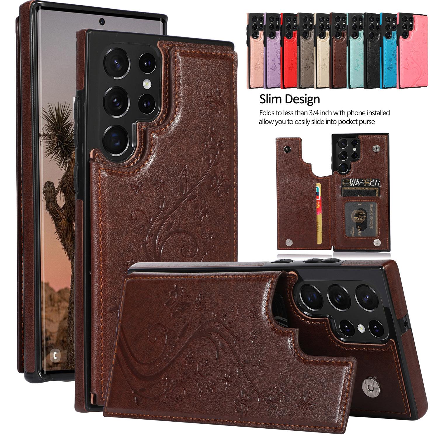 HISTORYOO For Samsung S25 Ultra S24 Plus S23 FE S22 Case Soft PU Leather Retro Embossed Butterfly Flower Shockproof Wallet Double Magnetic Clasp Protective Flip Fold Stand with 3 Card Slots Pocket Women Soft Folio Cover For Mom