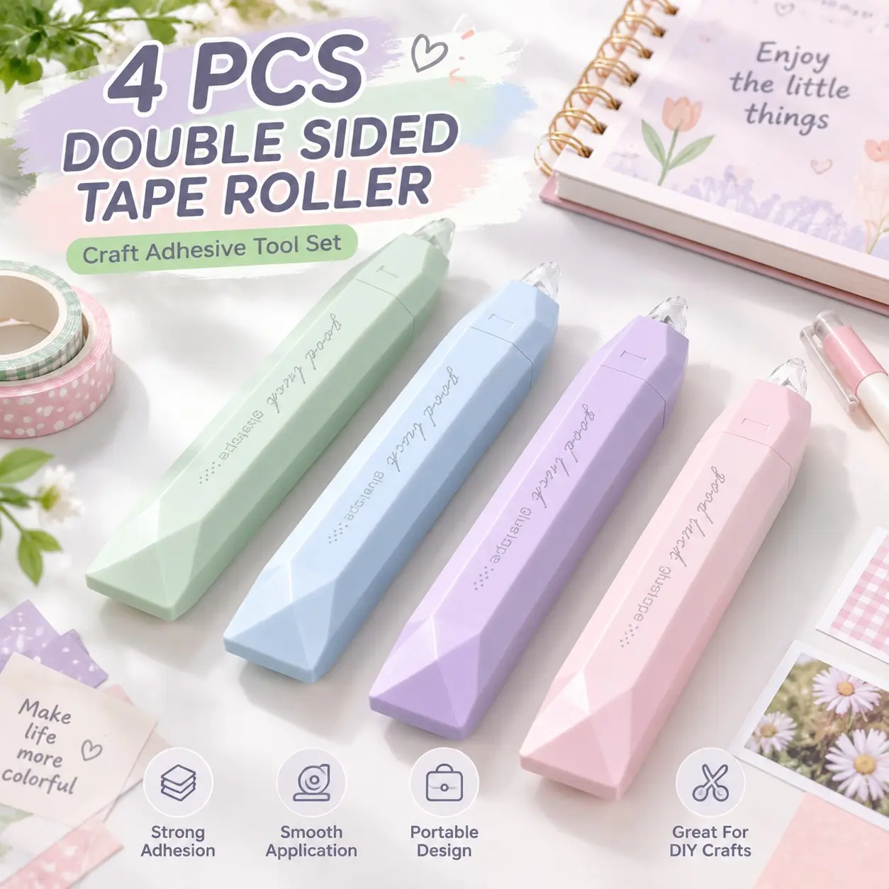4 PCS Double Sided Tape Roller, Portable Craft Adhesive Glue Runner Pen, Smooth Transfer Tape Applicator For Scrapbooking Journaling Gift Wrapping Photo Albums School Office And DIY Projects