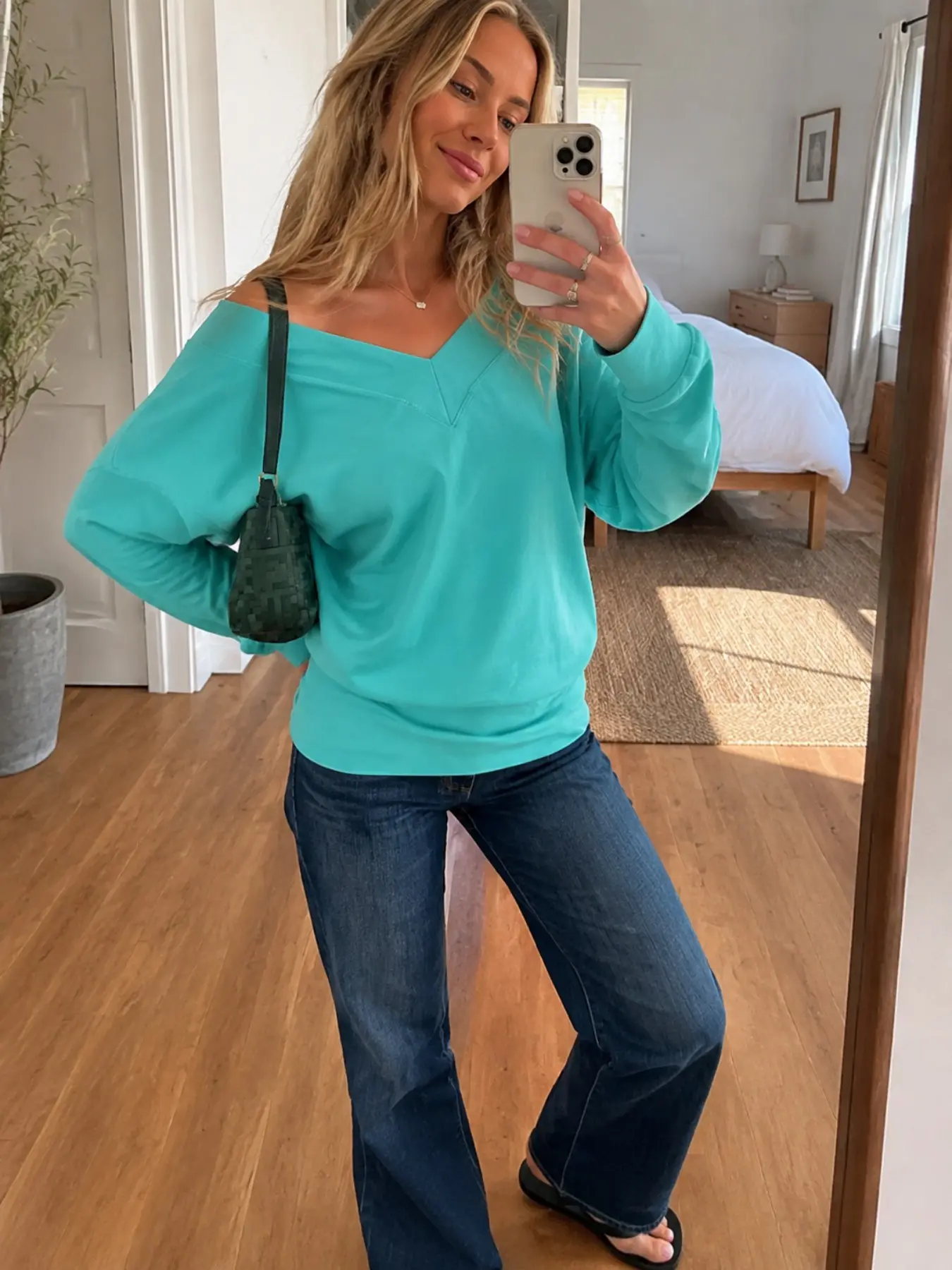Women's Off-Shoulder V Neck Knit Top, Long Sleeve Loose Fit Pullover, Casual Versatile Fall Winter, Comfortable Daily Wear