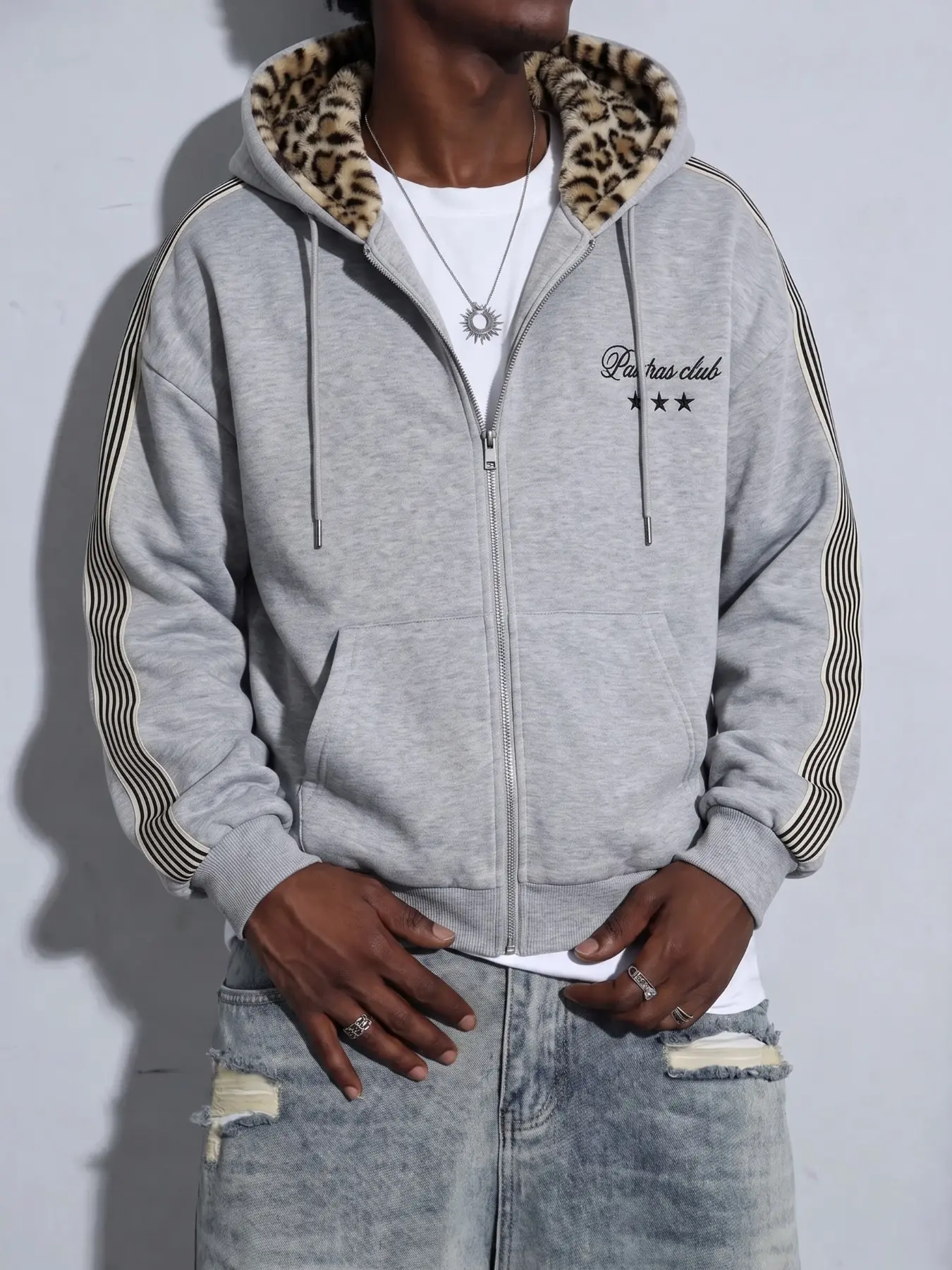 Men Heather Grey Leopard Lined Hood Zip Up Hoodie, Striped Sleeve Pavtras Club Three Star Graphic Oversized Vintage Street Fall Sweat Jacket