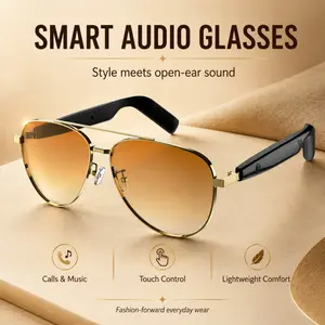 Smart Bluetooth Audio Sunglasses 5.4, Multifunctional Audio Sunglasses, gold aviator open ear with built in mic, smart tap touch, UV protection gradient lens, Type C fast charge for calls music, daily gift for men women sports office travel wear