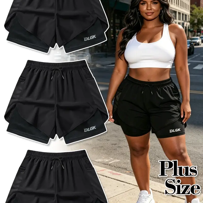 DLGK Women's Plus Size Elastic Waist Drawstring Athletic Shorts, Comfortable Loose-Fit Gym Shorts, Workout Exercise Shorts, Ideal for Workout, Running, and Daily Wear