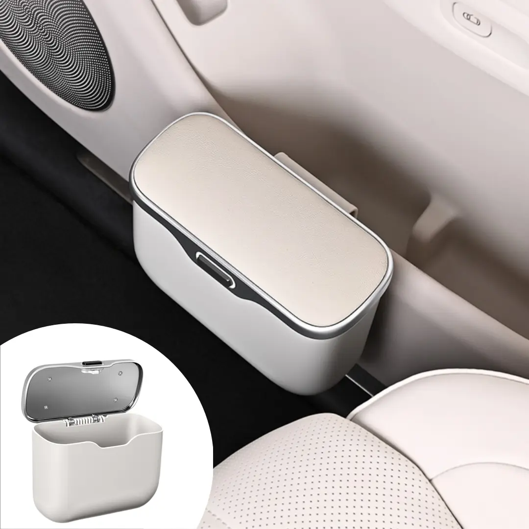 ABS Compact Car Trash Can with Button-Operated Lid, Faux Leather Hanging Storage Bin for Wet & Dry Waste, Easy-to-Clean Car Interior Stowing & Tidying Accessory