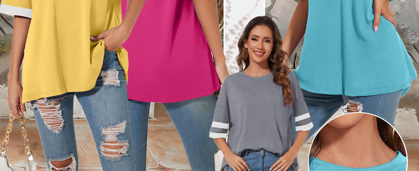 Women's Oversized T Shirts Round Neck Striped Tees Summer Half Sleeve Casual Comfy Cozy Cotton Tunic Tops