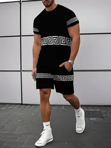 Men's Short Sleeve Tee and Shorts Set, Summer Casual Streetwear, Base with Zigzag Pattern, Slim-Fitting, All Seasons