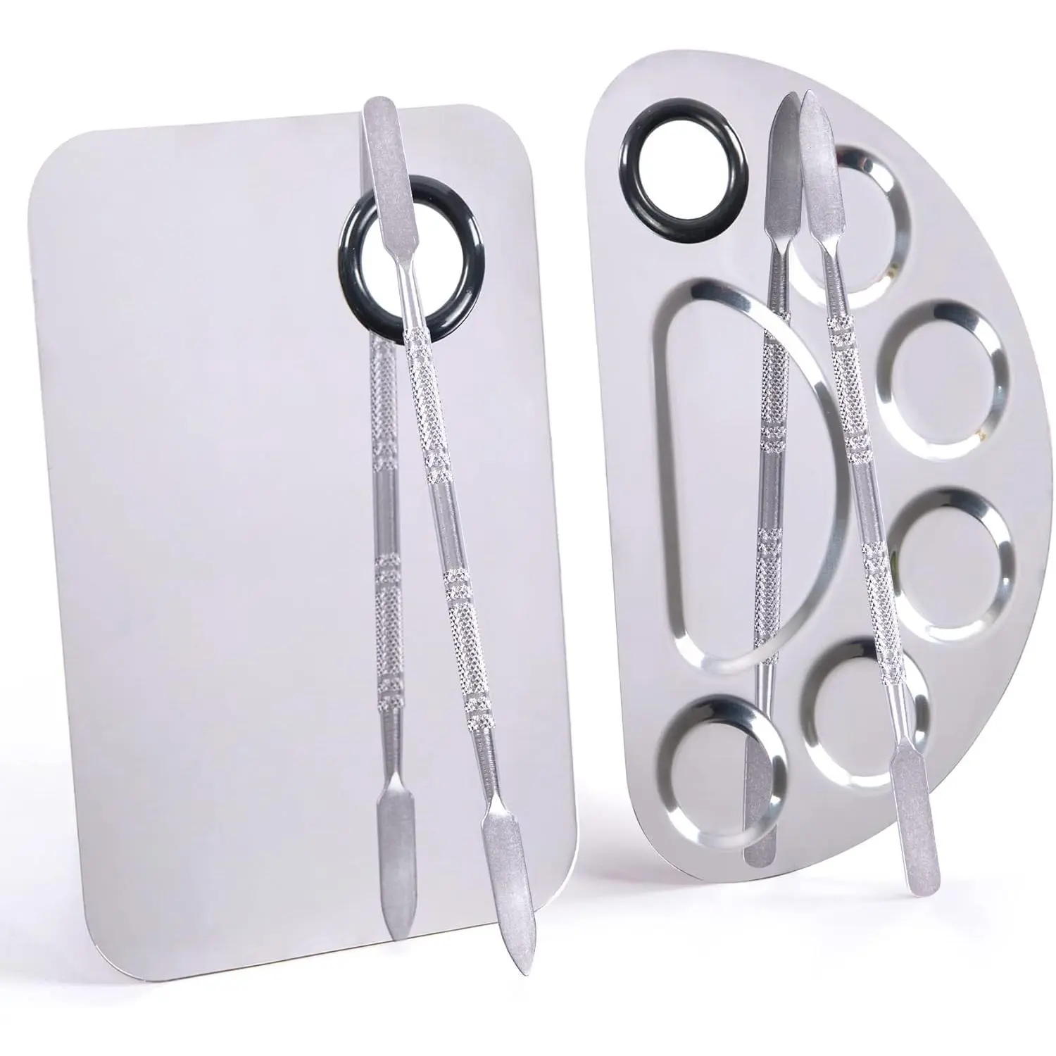 Stainless Steel Metal Makeup Palette with Spatula Artist Tool for Mixing Foundation Nail-Art, Cosmetic Makeup Palette, Makeup Plate, 6*4"/Silver/2pcs,luxury,refill container,beyond,clean,creative,design,brush,cleaner