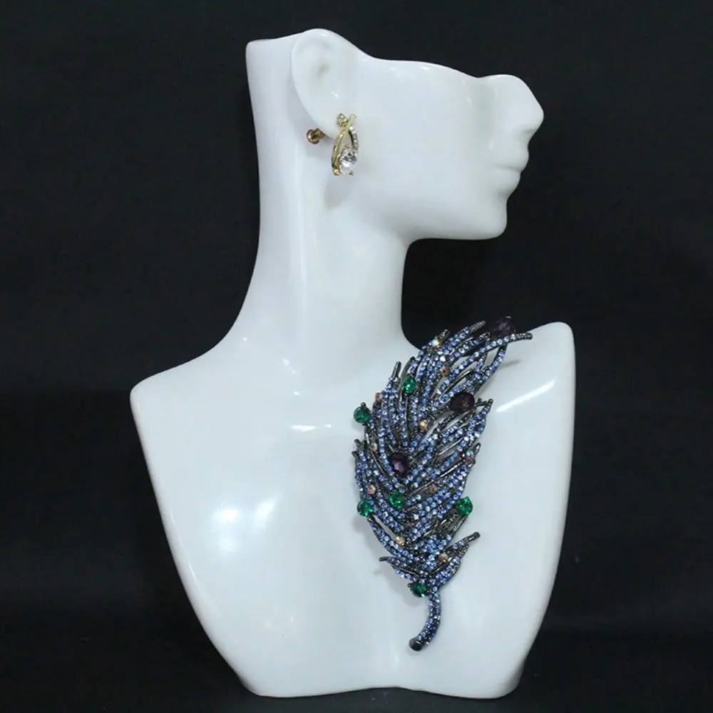 Black Gunmetal Feather Brooch Full Pave Sapphire Emerald Amethyst Rhinestone Unisex Vintage Suit Lapel Pin Corsage