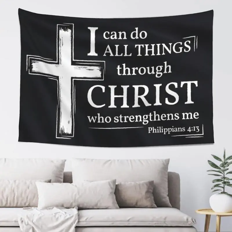 Philippians 4:13 Religious Symbol Fabric Tapestry, 3x5 Ft (60x40 in) Christian Inspirational Bible Verse Wall Banner with "I Can Do All Things Through Christ" Print, Indoor/Outdoor Bedroom Decor Gift