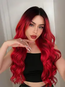 26 Inch Red Synthetic Fiber Wigs Long Wavy Wig Ombre Red Colorful Wigs Middle Part Curly Waves Heat Resistant Synthetic Hair Wig For cosplay, daily, party, etc