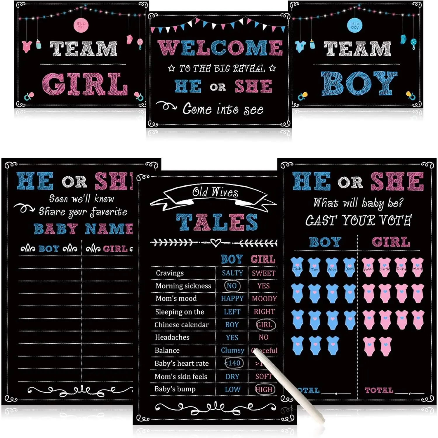 Party Supplies Kit, Photo Props  Decorations,Boy or Girl, Includes 3  Posters (11x17), 3 Signs (8x10), 1 Erasable Marker, 48 Blue and  Voting Stickers