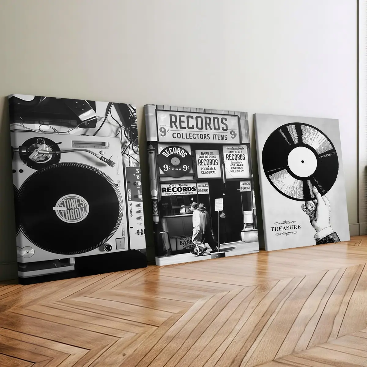 3-Pack Wood Frame Canvas Posters, & Vintage Vinyl Art, Modern Home Decor, Waterproof, Odorless, for Living Room, Bedroom, Office