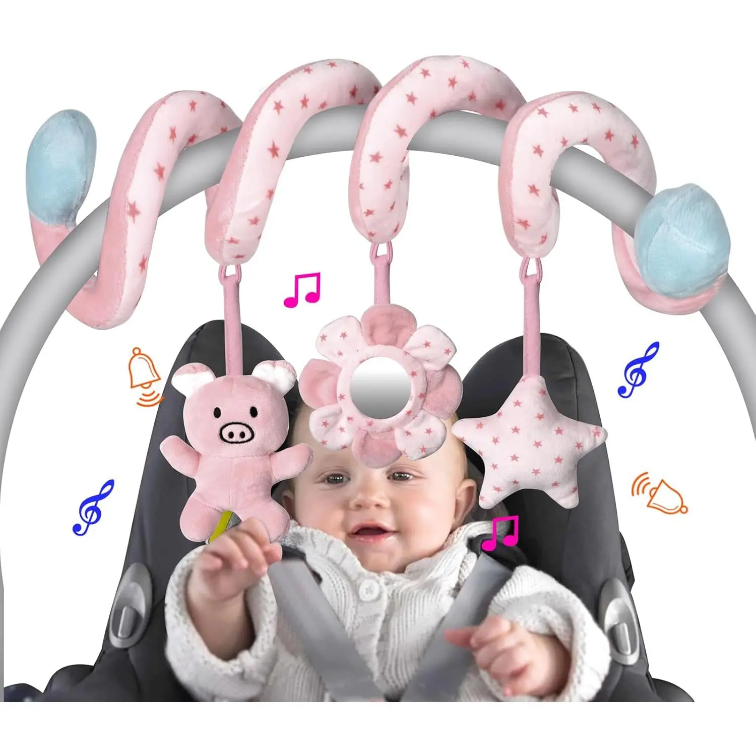 Prop 65 Safe Infant Pink Pig Spiral Activity Hanging Sound Toys - Car Seat, Stroller Bar, Crib Bassinet Mobile with Mirror, BB Squeaker, Rattles