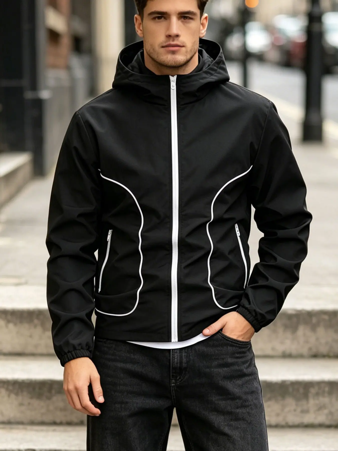 Men's Fall Winter Zip Pocket Stand Collar Jacket, Lined Hooded Open Front, Simple Versatile Windproof Outdoor Sports Coat, Collared Zipper Jacket