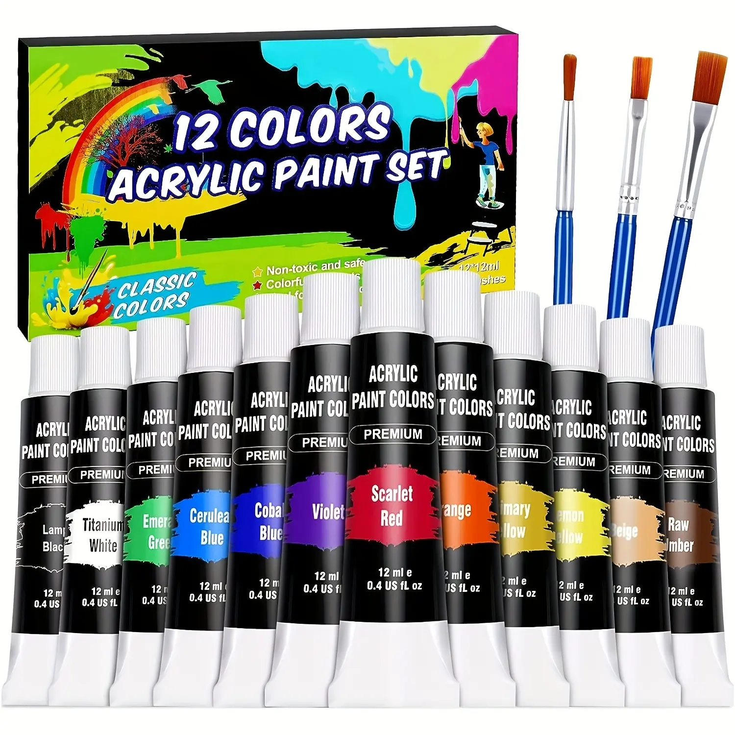12 Color Acrylic Paint Set 12ML Portable Non-Toxic Fast-Drying Waterproof Fade-Resistant, Includes 3 Brushes, Ideal for Beginners