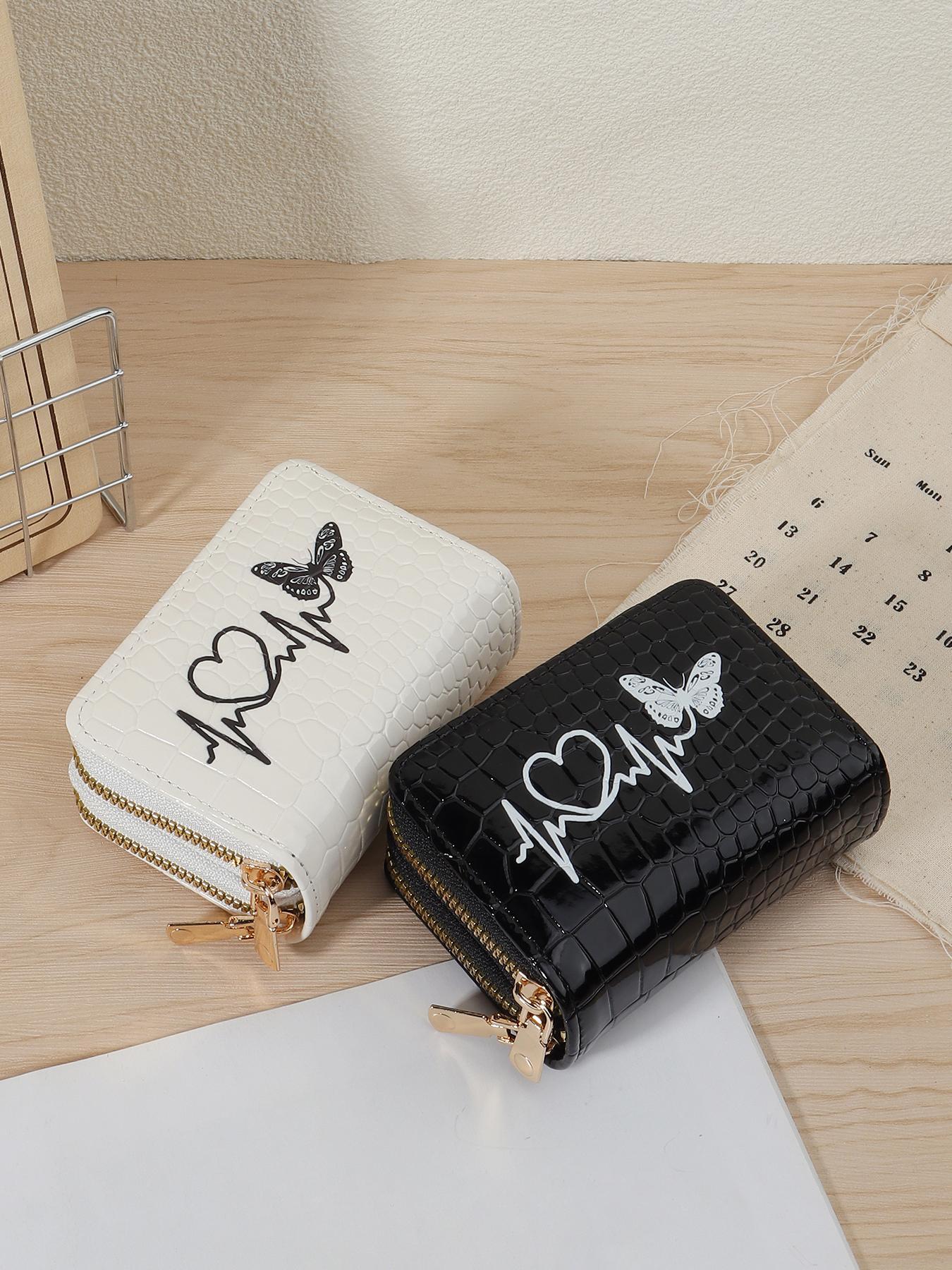 Fashionable Butterfly & Heart Pattern Card Holder, Minimalist Double Zipper Portable Short Wallet, Large Capacity Multifunctional Card Bag, Cardholder, Exquisite Cardholder, Card Organizer