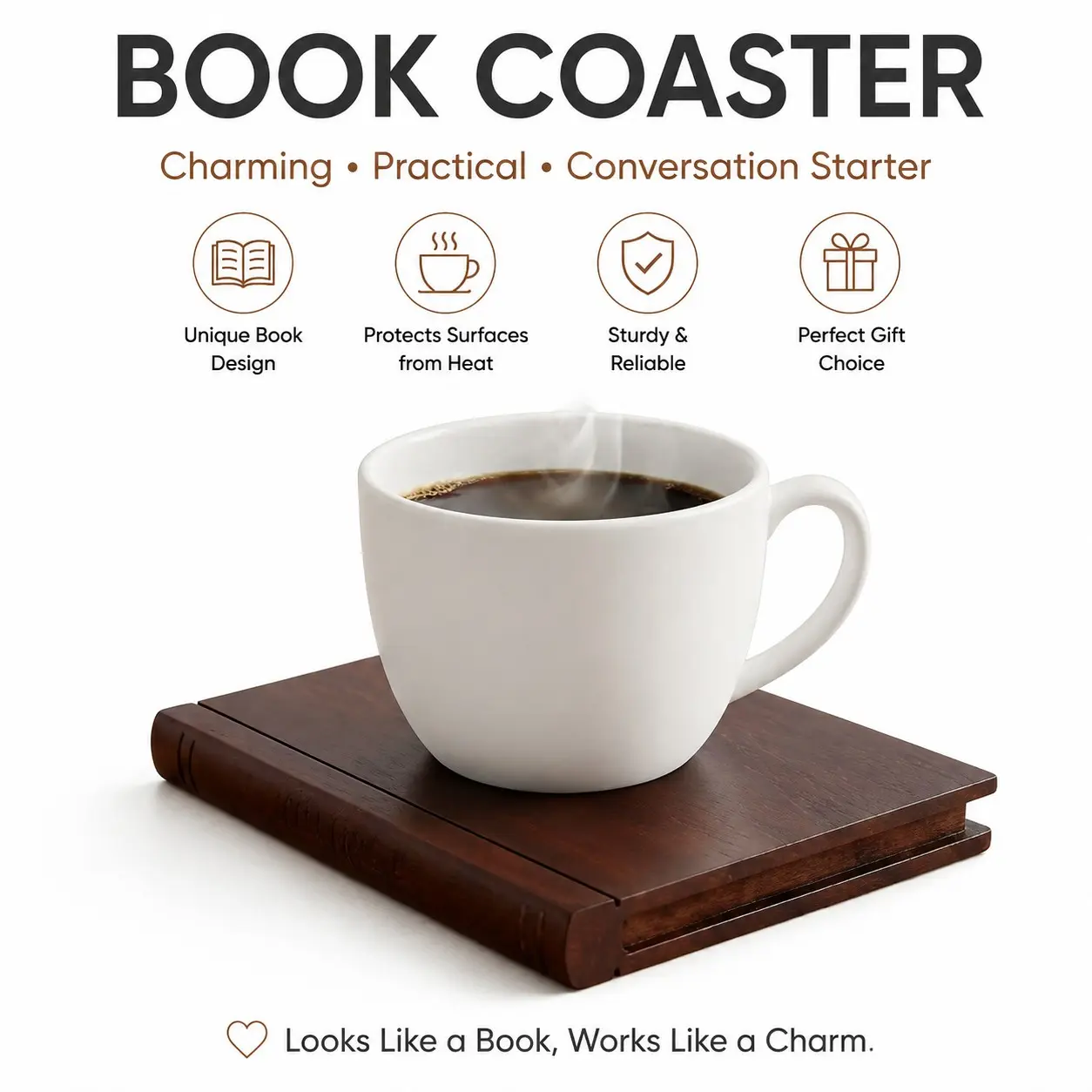 Coaster,Book-Shaped Wooden Coasters with Base, Coasters for Drinks, Practical Kitchen Accessories, Ideal for Tea and Wine, Perfect for Small Parties, Stylish and Functional