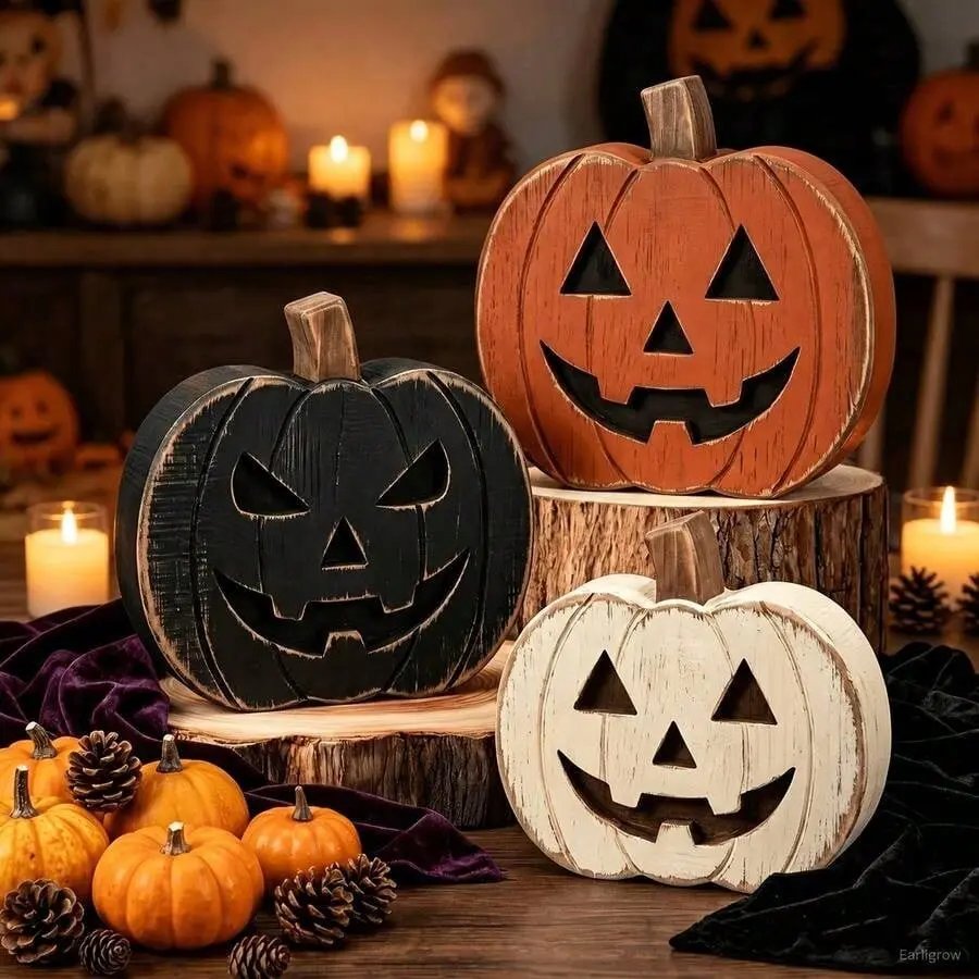 3pcs Halloween Pumpkin Decor, Wooden Jack-O-Lantern Tabletop Decor, Rustic Farmhouse Pumpkin Centerpiece, Fall Decor for Home