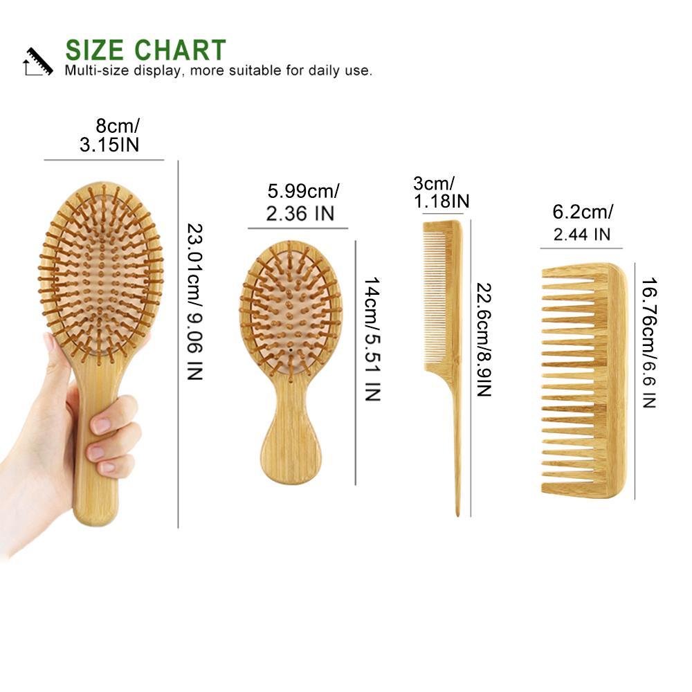 Bamboo Hair Comb Set, 4-Count Natural Bamboo Paddle Detangling Hairbrush, Wide-Tooth and Tail Comb, Smoothing Hair Styling Tools for Women and Men, Curly Hair Care Grooming Gift