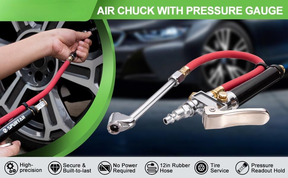 10-120 PSI Heavy Duty Tire Pressure Gauge with Inflator Air Chuck with Pressure Gauge with 4 Way Tool and Valve Cores Air Compressor Attachments Tire Inflator Nozzle for Car Automotive Truck