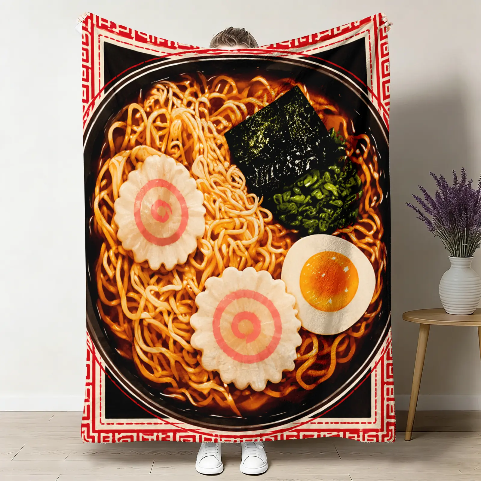 Tonkotsu Ramen Throw Blanket, Japanese Noodle Food Flannel Blanket, Soft Cozy Warm Throw, Realistic Egg Narutomaki Design, Gift for Him Her Lover, Trendy Dorm Couch Bedroom Decor ultra-soft comfortable plush throw