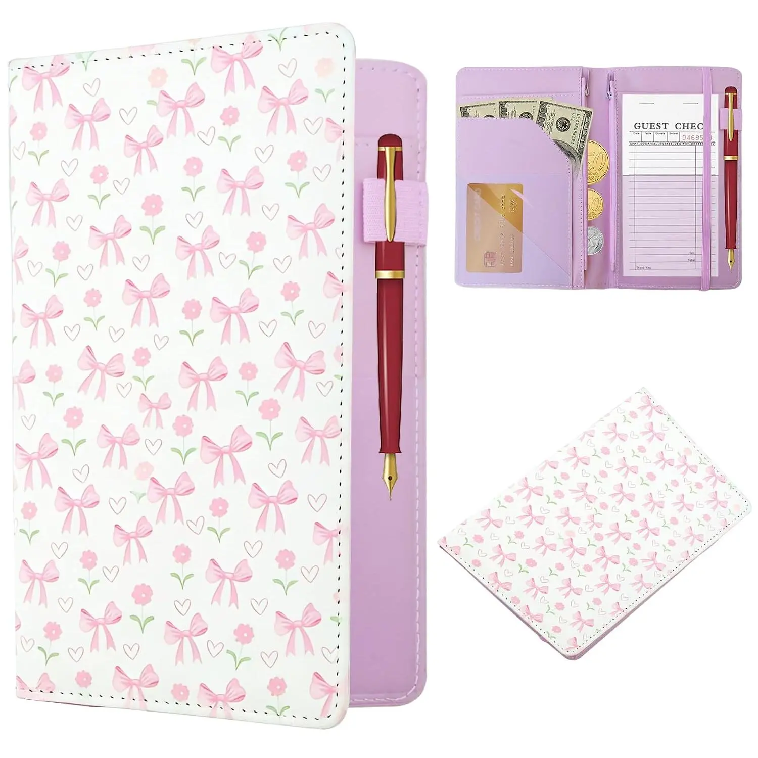 Leather Server Book with 2 Zipper Pockets, Waitress Order Pad Holder for  & Tips - Fits in Server Apron, PU Leather, Guest Check Book,  for Waitress Bartender (-Bow)