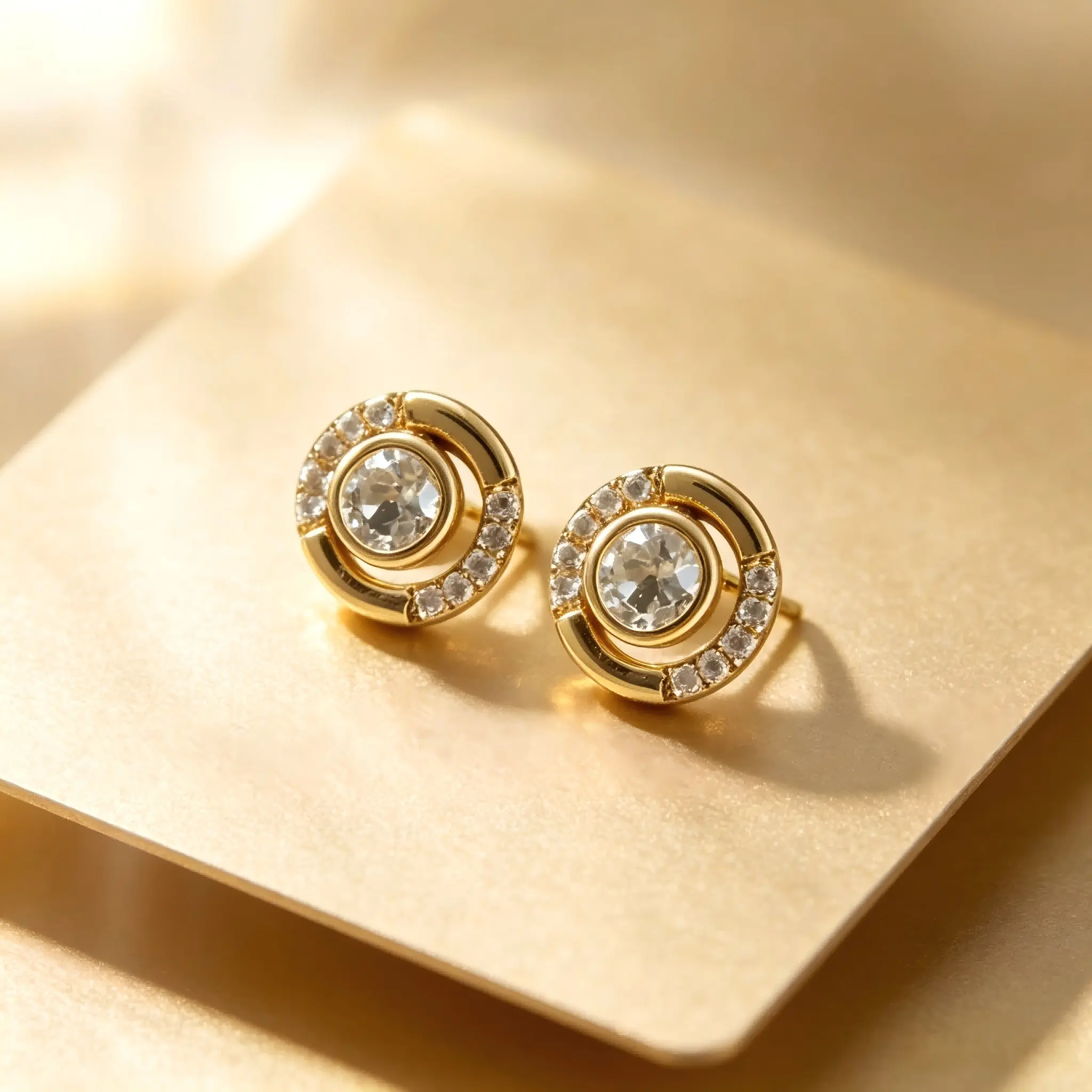 Gold Circular Crystal Stud Earrings for Women, Hypoallergenic Stainless Steel Sparkling Round Rhinestone Earrings, Elegant Classic Daily Party Fashion Jewelry Gift for Her