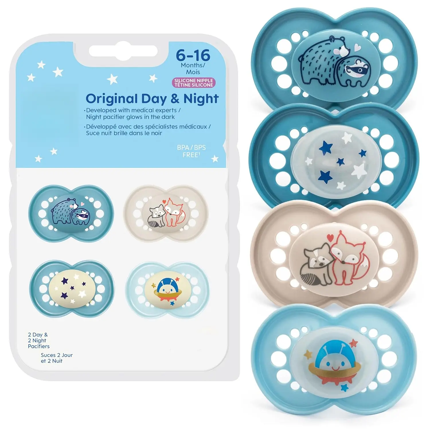 Baby Pacifiers 6-16 Months, Glow in the Dark Pacifiers 4-Pack, Silicone Soothers for Babies & Toddlers
