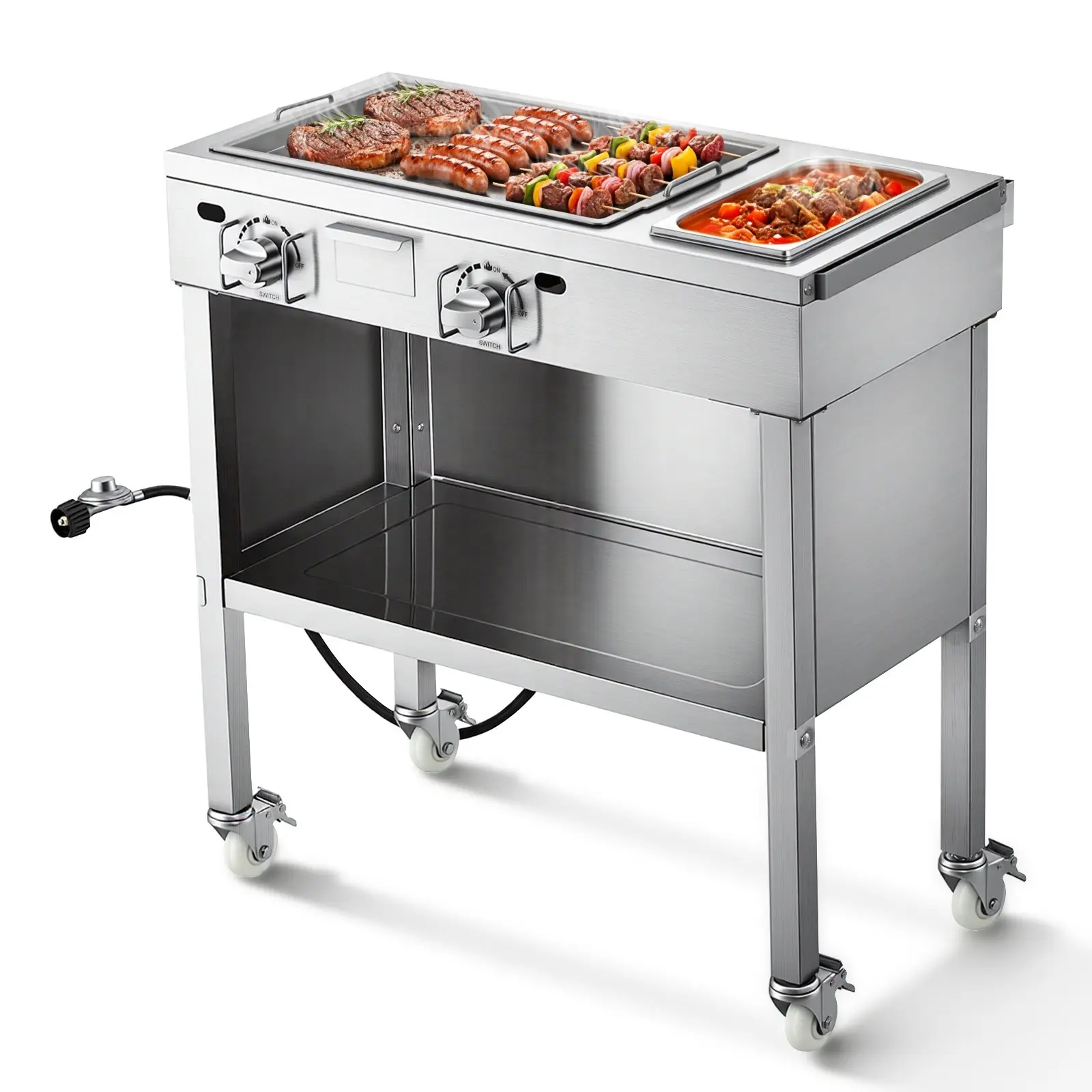 VEVOR Commercial Stainless Steel Propane Cart Grill, 2 Burners (11,600 BTU Each), 4 Lock Wheels, 1/3 Food Pan, Easy-Grip Side Handle, Ideal for Outdoor Grilling, Hot Dogs