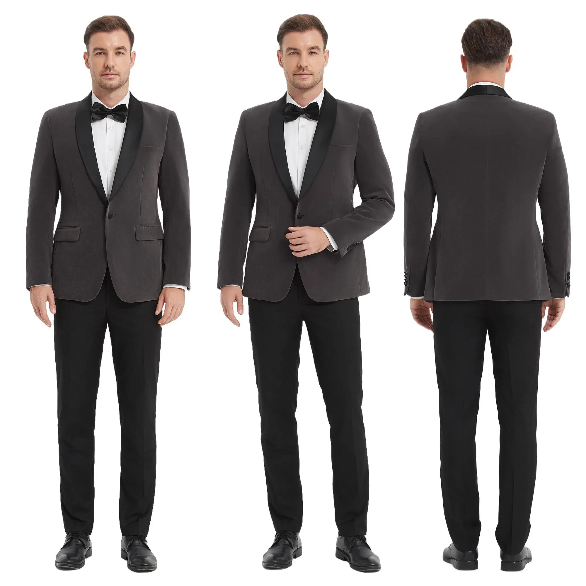 Men's Dark Grey Velvet Blazer, Soft Regular Fit Single-Breasted Jacket with Shawl Collar, Long Sleeve Polyester Menswear with Bow Tie, Hem, Textured, Casual, Fabric, Chic, Buttons