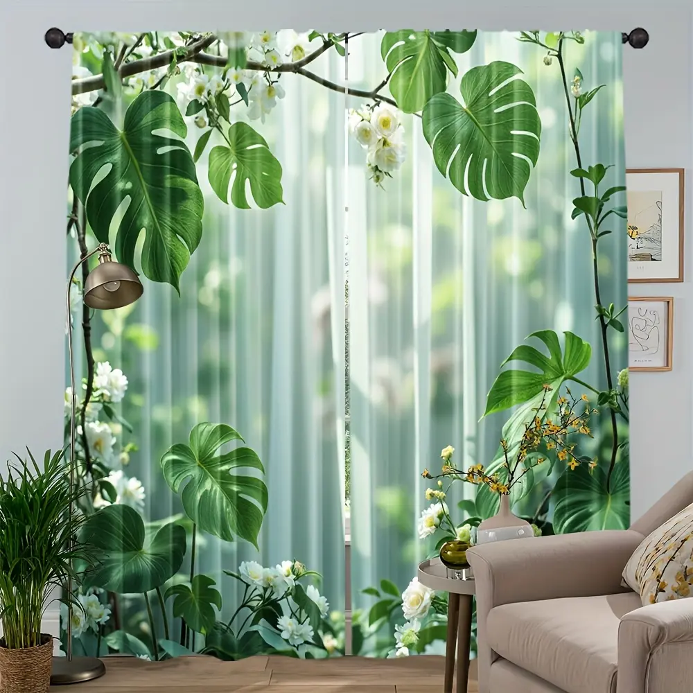 Set of 2 Modern Green Bamboo Leaves-Monstera Leaf Print Curtains, 100% Polyester, Light-Transmitting, Nature-Inspired, Artistic Look, Rod Pocket Style, Suitable for Bedroom-Kitchen