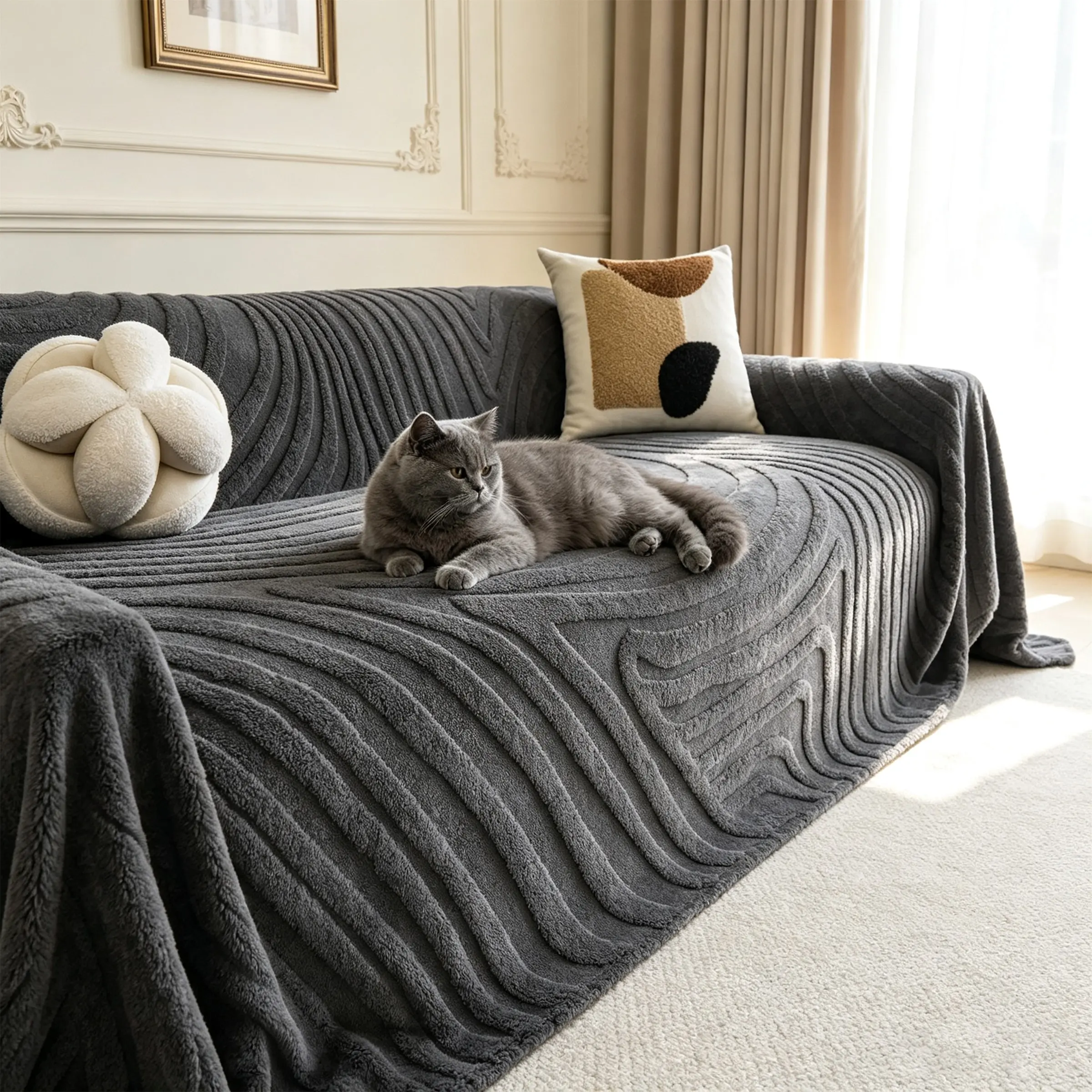 1pc Wave Pattern Sofa Cover, Thick Plush Full-Body Sofa Protector, Pet Scratch-Resistant, All Seasons Use