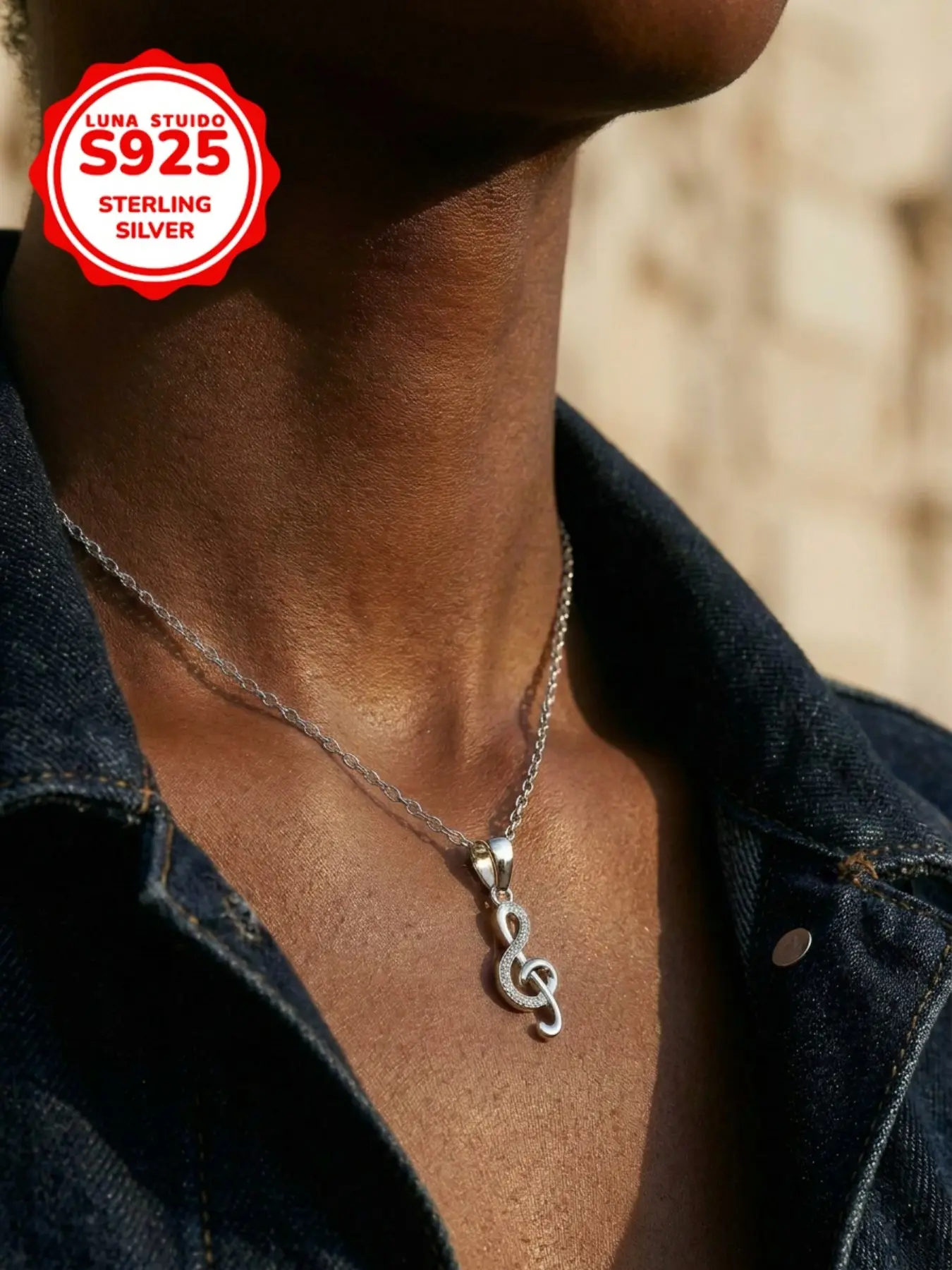 Women's Fashion Pendant Necklace, Note + Music Symbol, S925 Silver, Cubic Zirconia, Gift for Christmas, Halloween, Date Night