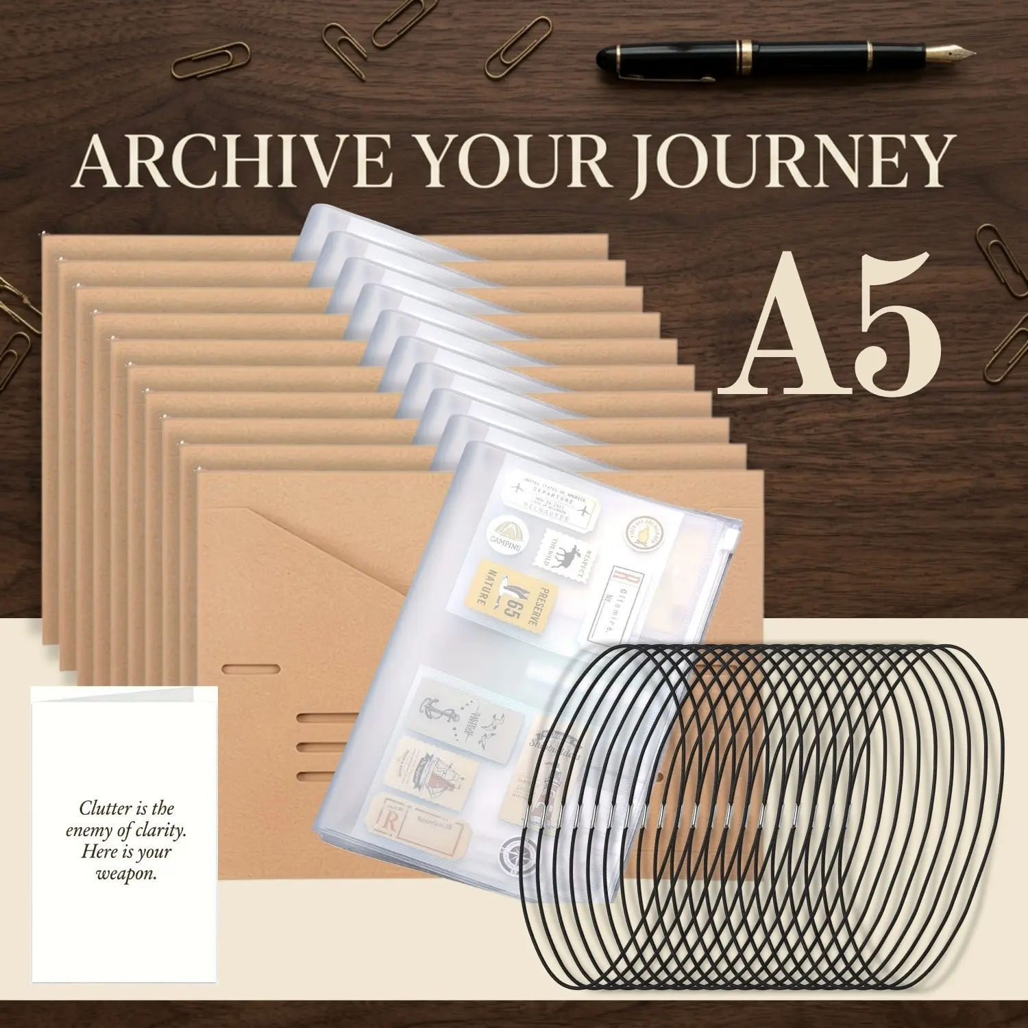 A5 Size - The Ephemera Vault: No-Hole Travelers Notebook Refills | A5 Binder Inserts, Kraft Folders, Clear PVC Zipper Pouches & Elastic Band Organizer Kit