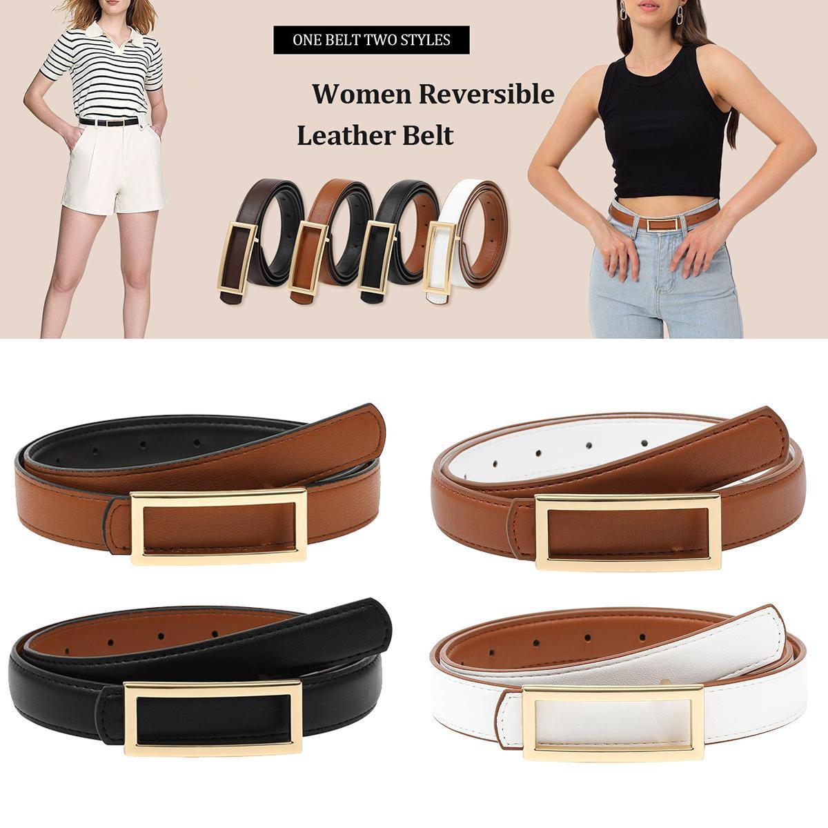 AWAYTR Women Reversible PU Leather Belt Fashion Two-in-One Lady Versatile Skinny Adjustable Belt for Jeans Dress with Golden Buckle  (Length 100/115/130cm)