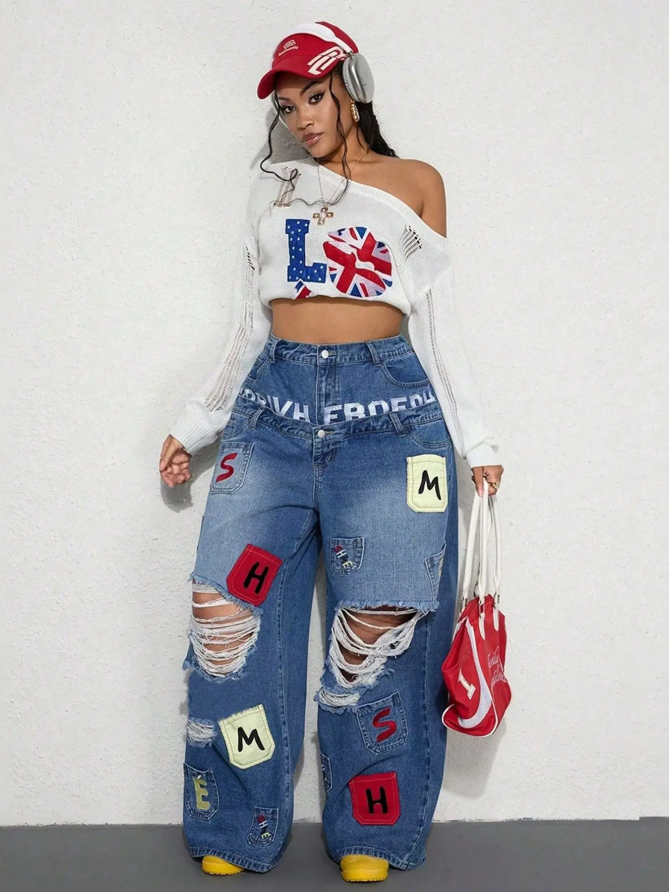 Women's Distressed Ripped Patchwork Baggy Wide Leg Jeans, High Waist Destroyed Raw Hem Cutout Streetwear Y2K Hip Hop Denim Pants with Pockets