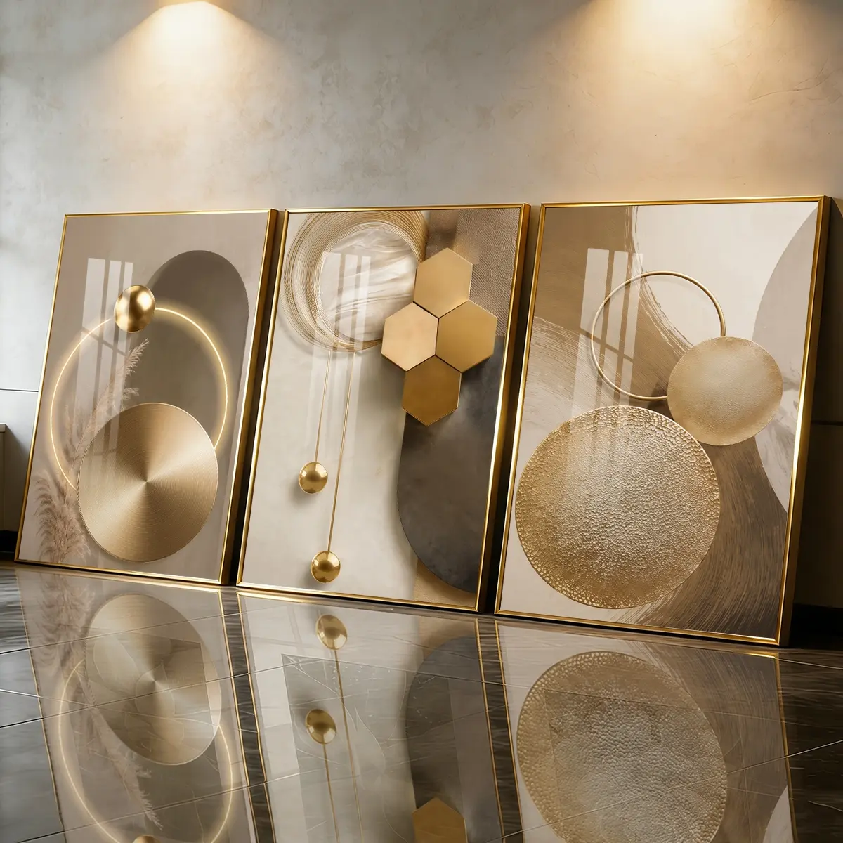 3 Counts Modern Aluminum Alloy Frame Canvas， Golden Geometric Abstract Art， Perfect Living Room Decoration， Modern Family Art， Light Luxury Bedroom， Corridor， Office Decoration， Waterproof