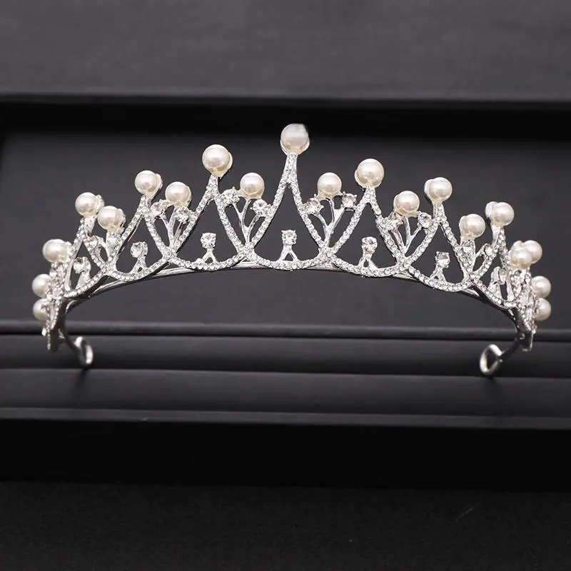 Trendy Silver Color Crystal Pearl Tiara Princess Headpiece Crown Party Birthday Gift Bridal Headdress Wedding Hair Accessories