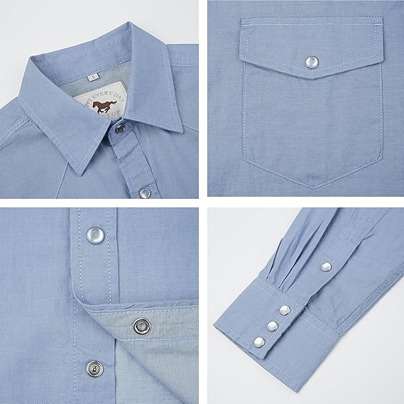 COEVALS CLUB Men's Denim Western Cowboy Pearl Snap Casual Button Down Up Long Sleeve Soild Work Shirt