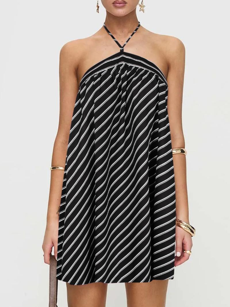 Women's Striped Print Halter Neck Dress, Casual Sleeveless Short Dress for Summer, Beach Holiday Dress, Ladies Clothes for Daily Wear